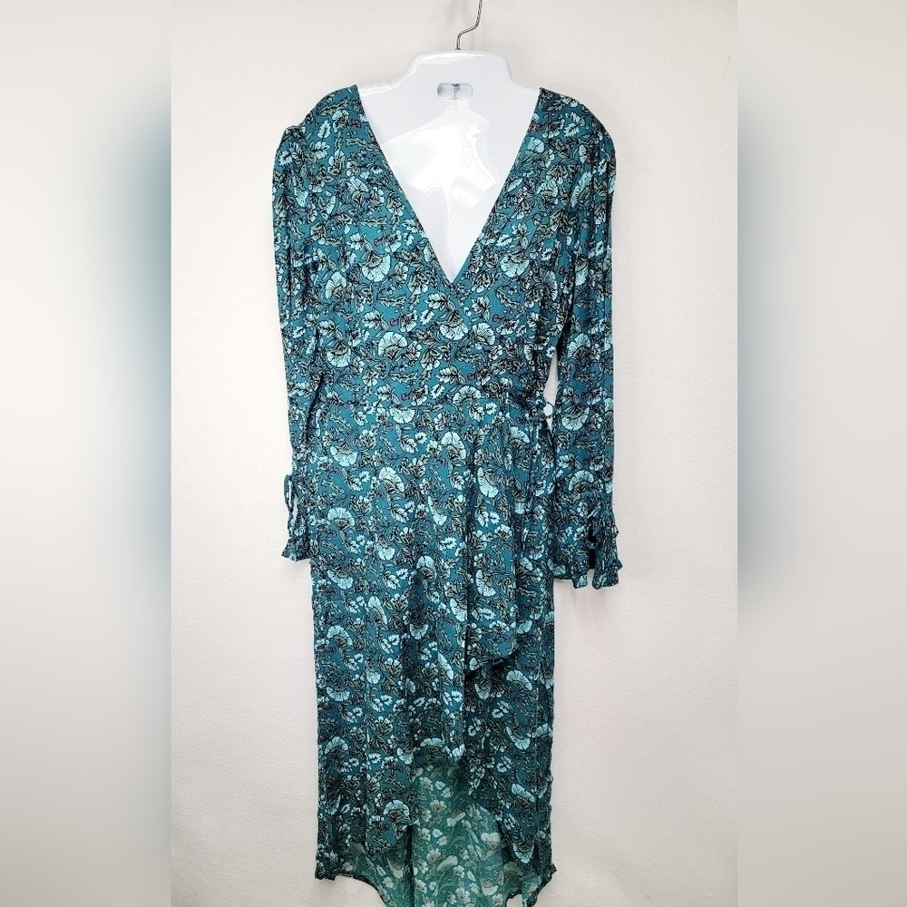 Band Of The Free Jewel Teal Floral Maxi Long Sleeve HiLow Wrap Dress Size Small - Picture 2 of 12